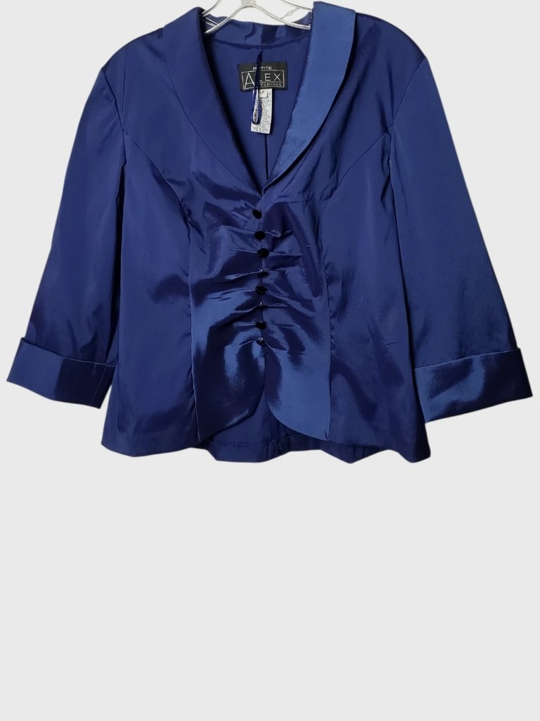 Alex Evenings Petite Satin Blouse Ruched Front 3/4 Sleeves Royal Blue P.Large — image 2 of 8